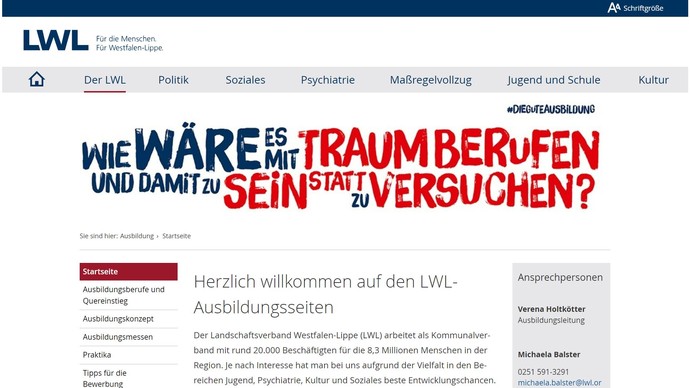 Screenshot der Homepage des Teams LWL-Ausbildung.